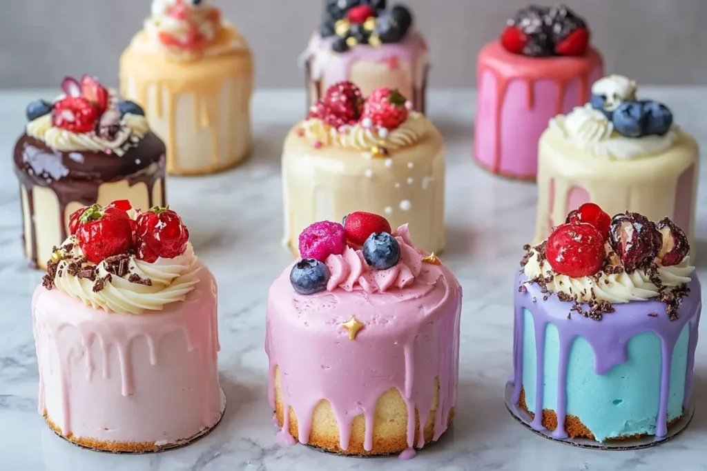 Assortment of mini cakes with various frostings, including buttercream swirls, ganache, and whipped cream.