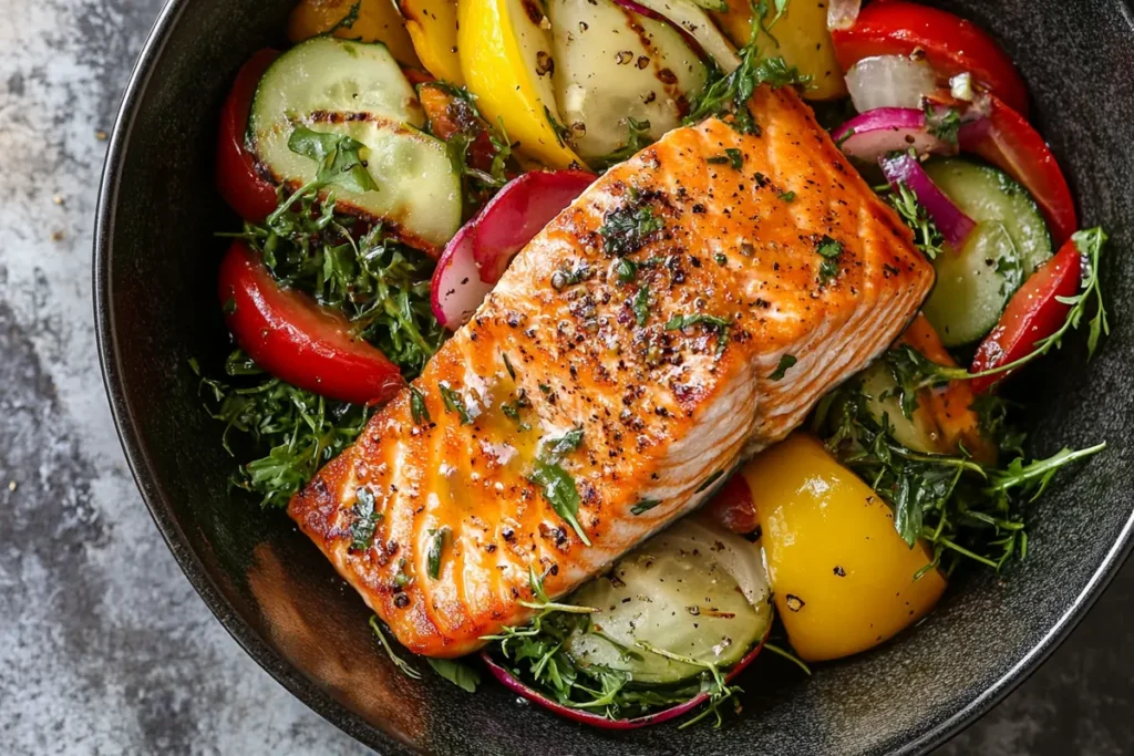 A vibrant and colorful salmon bowl with perfectly cooked salmon and fresh vegetables, top view.