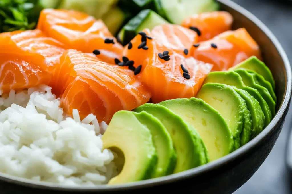 Close up shot of flaked salmon in a bowl with rice and avocado.