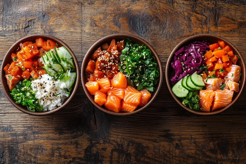 Three different salmon bowls lined up on a wooden table, each with unique ingredients.