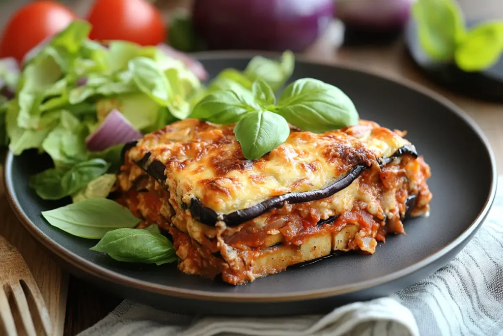 Serving of Simple Eggplant Casserole with Salad