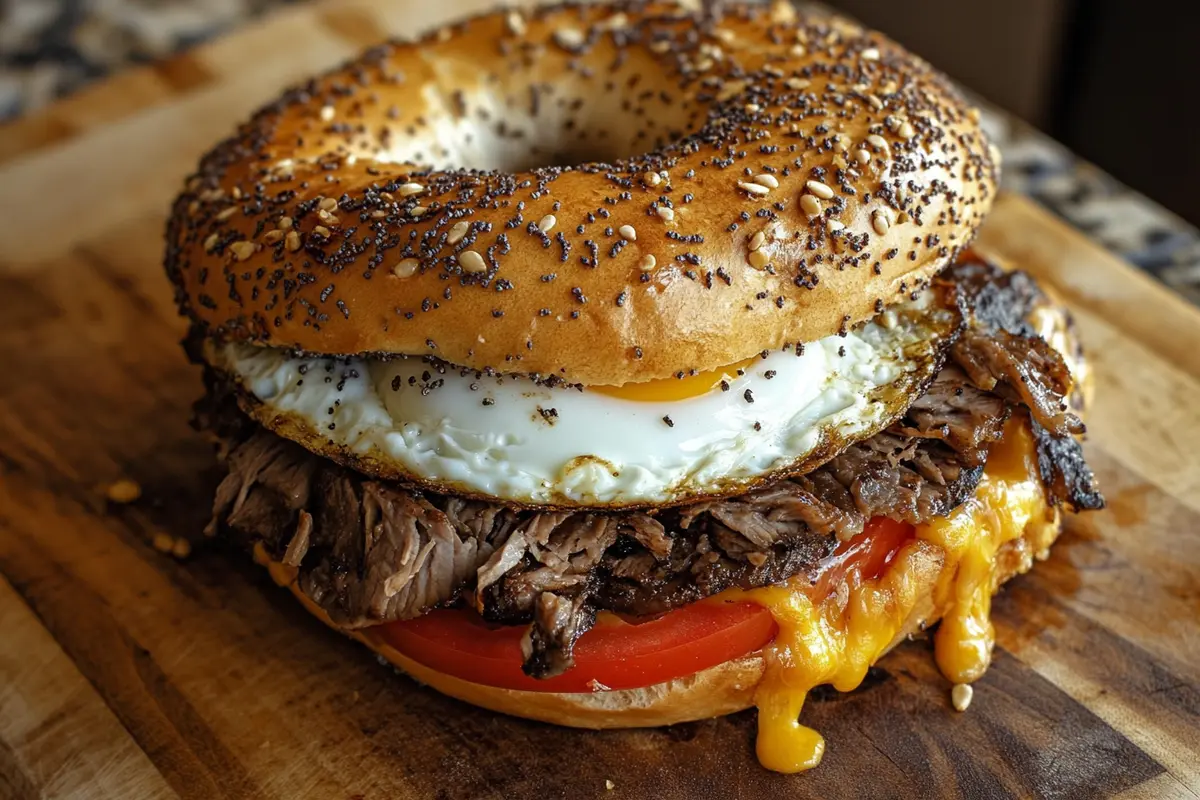 Freshly assembled steak egg and cheese bagel with tender steak slices, fluffy eggs, and melted cheese on a toasted bagel.