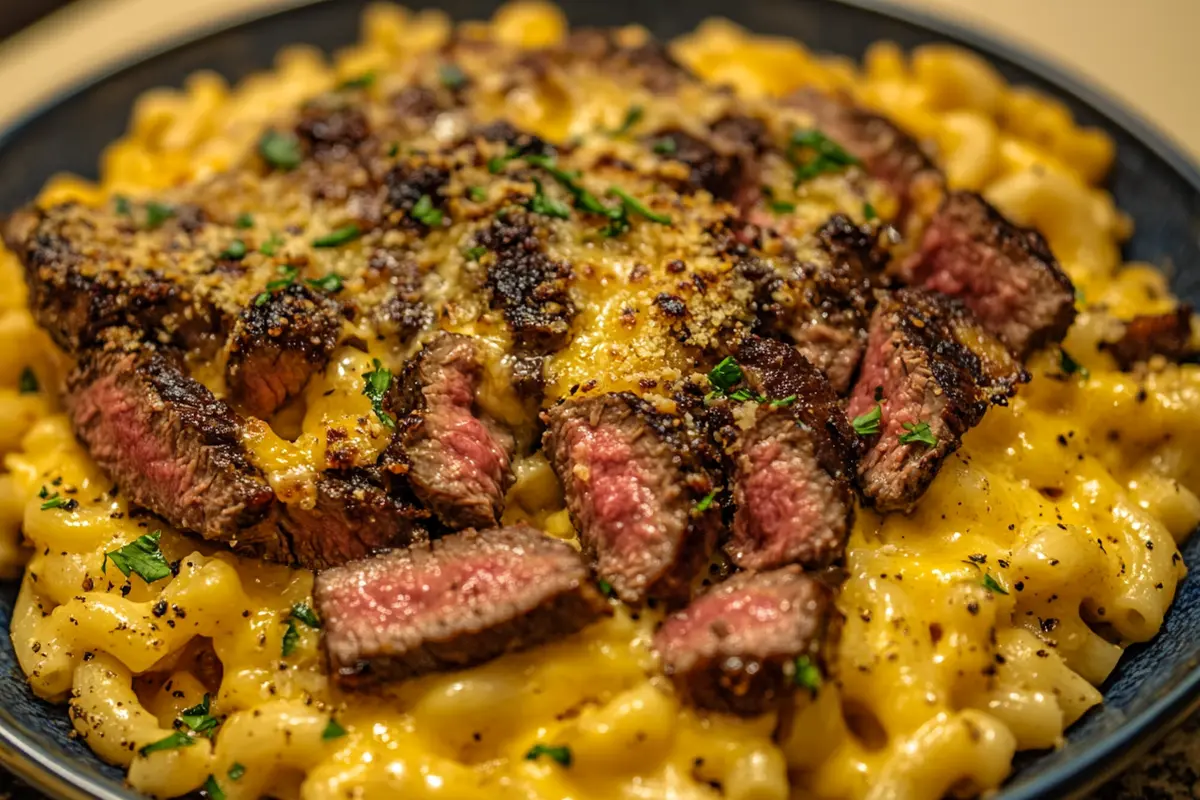 Steak mac and cheese with creamy cheese sauce.