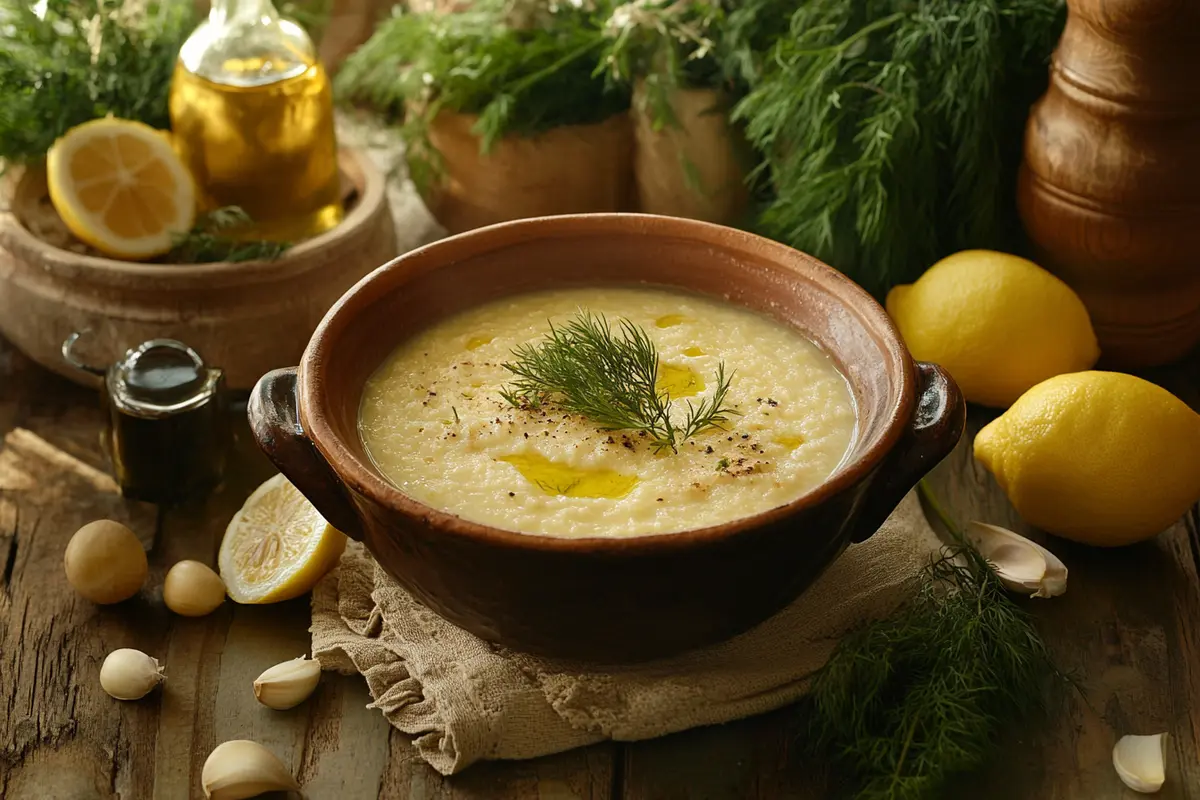 A serving of creamy traditional greek soup is shown in a white bowl.