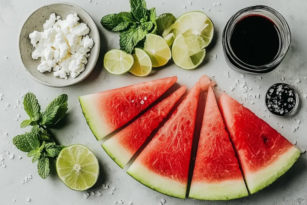 Watermelon slices with various toppings