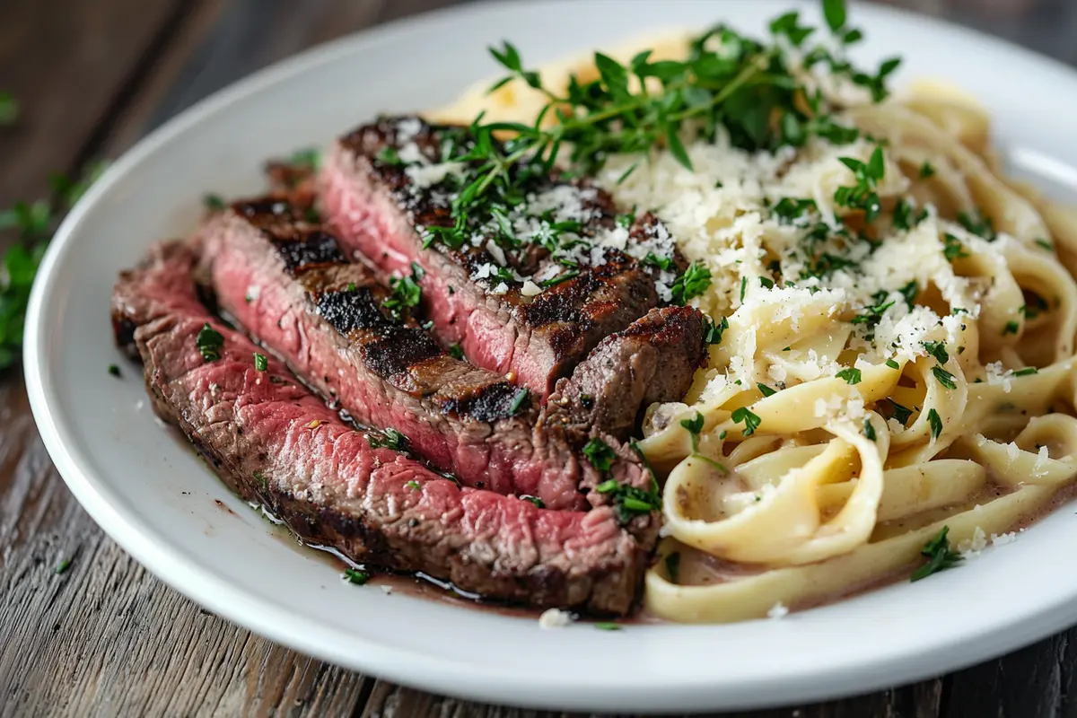 Delicious steak Alfredo dish with creamy sauce and sliced steak.