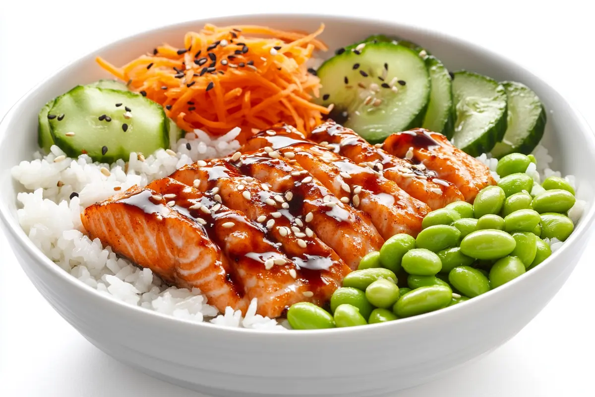 Freshly prepared salmon bowls with colorful toppings