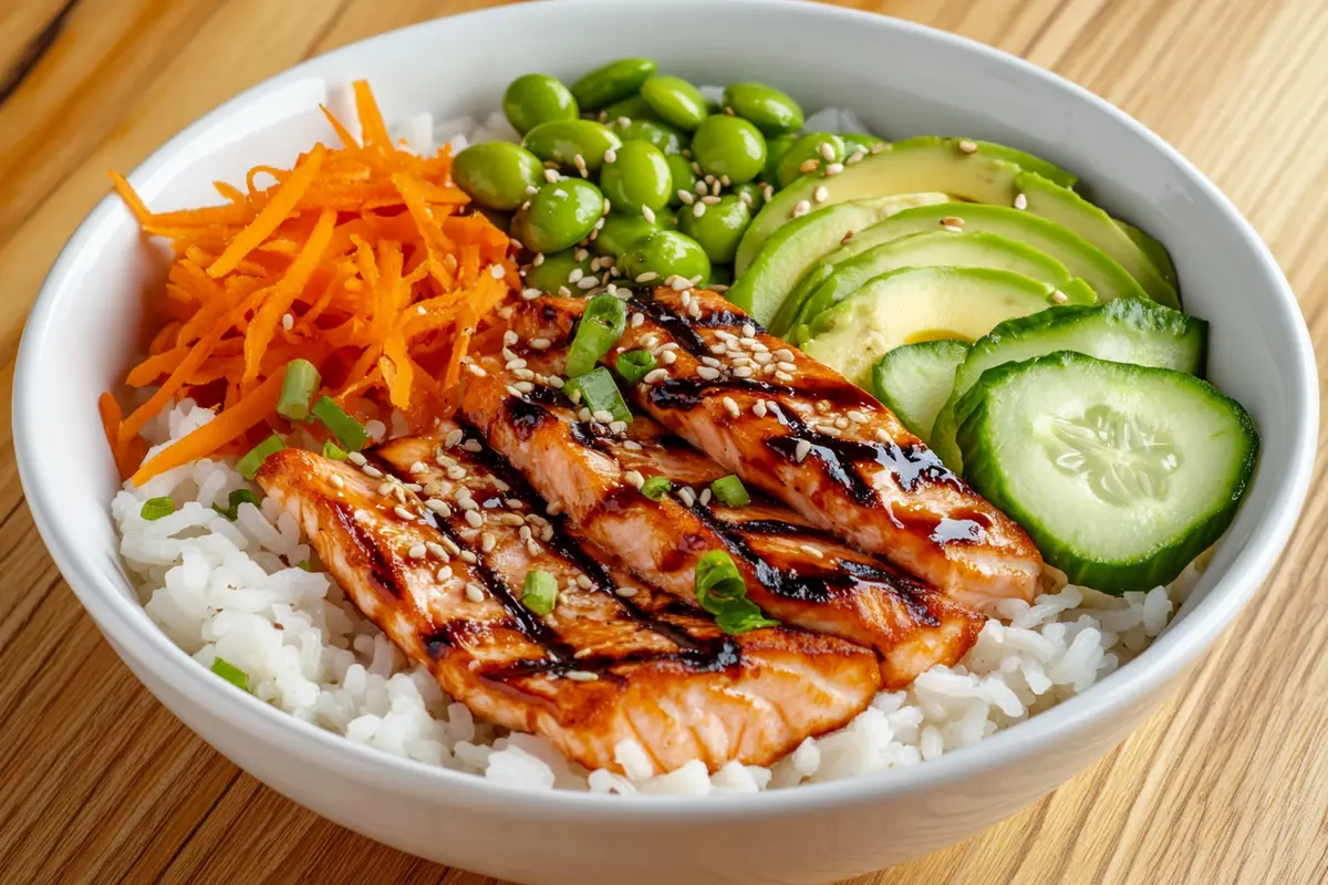 Are salmon and rice healthy—overhead view of grilled salmon with brown rice.