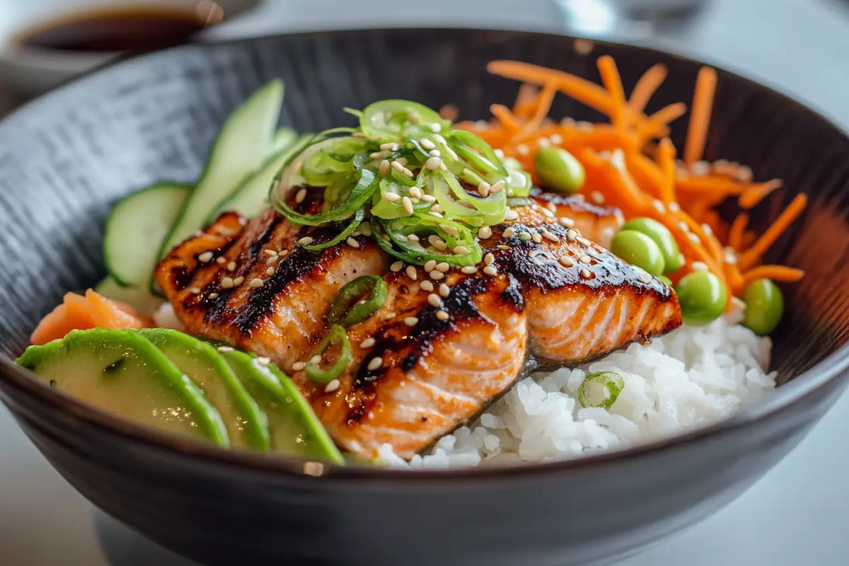 Fresh salmon bowl with rice, avocado, and crunchy vegetables illustrating who started the salmon bowl trend.