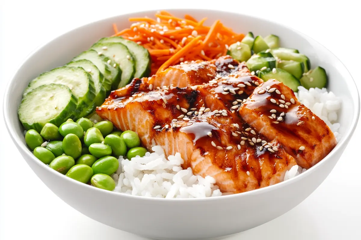 A fresh salmon fillet served with a variety of vibrant side dishes, illustrating what are good sides for salmon.