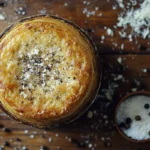 A light and fluffy black pepper and parmesan soufflé in a white ramekin.