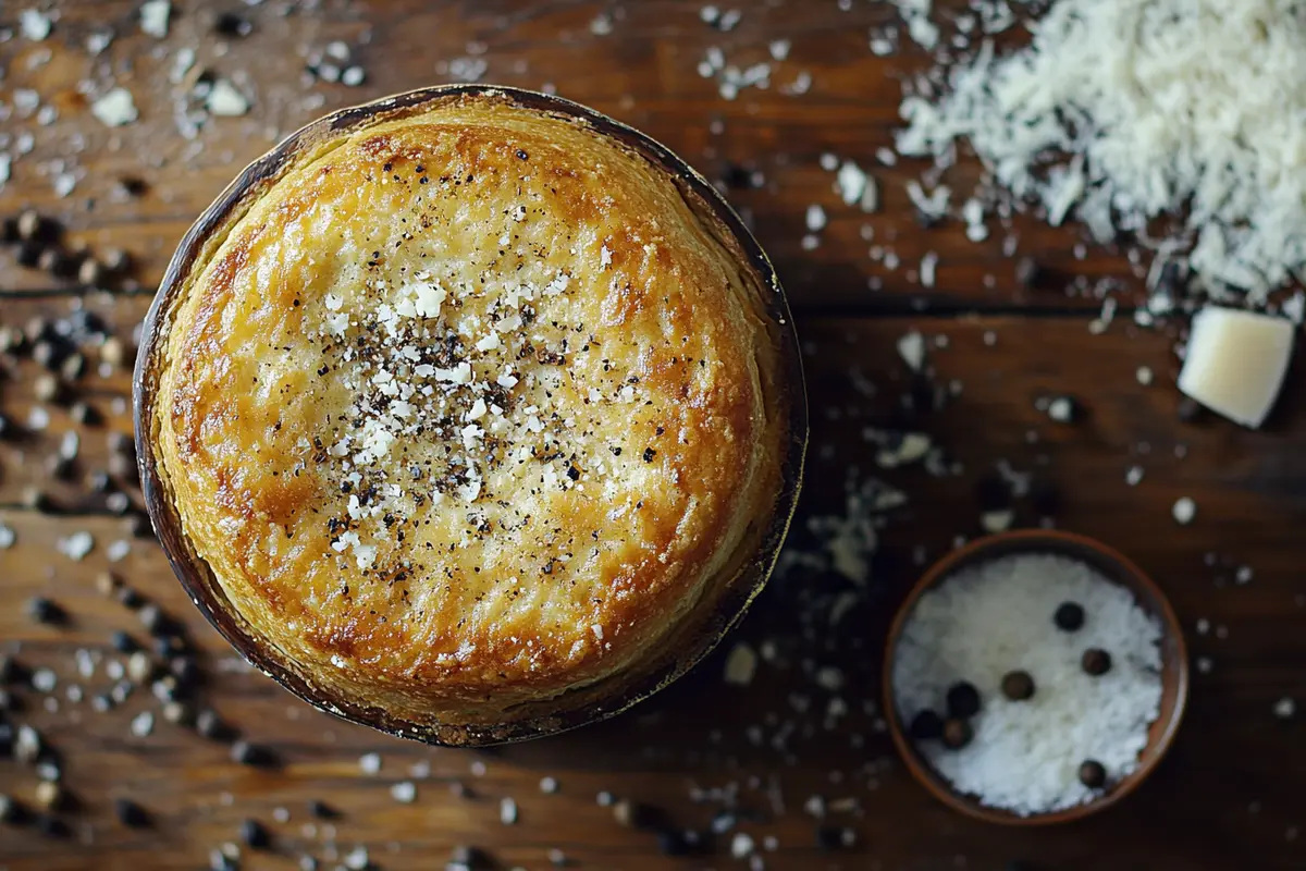 A light and fluffy black pepper and parmesan soufflé in a white ramekin.