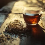 Rustic setup featuring a cup of CCF tea with the spices used to brew it around. Title: Rustic CCF Tea Setup