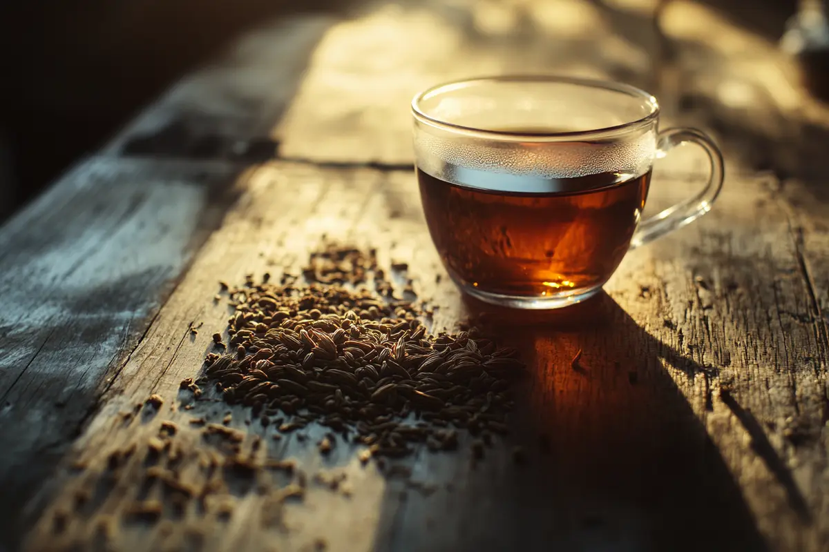 Rustic setup featuring a cup of CCF tea with the spices used to brew it around. Title: Rustic CCF Tea Setup