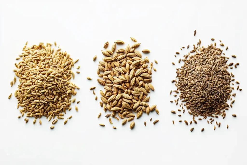 Flat lay of the three spices used in cumin, coriander, and fennel.