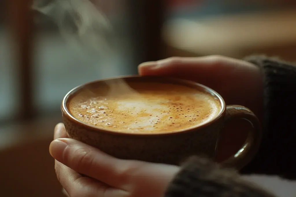  Person holding a warm mug of CCF tea, a gentle way to improve health and digestion.