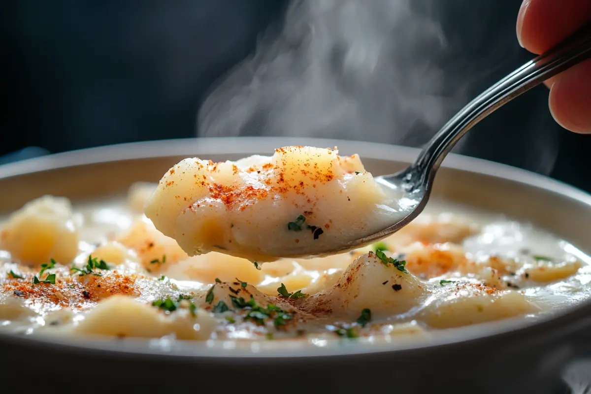 A bowl of creamy Cajun Potato Soup, generously garnished with fresh herbs and crispy bacon, ready to enjoy.