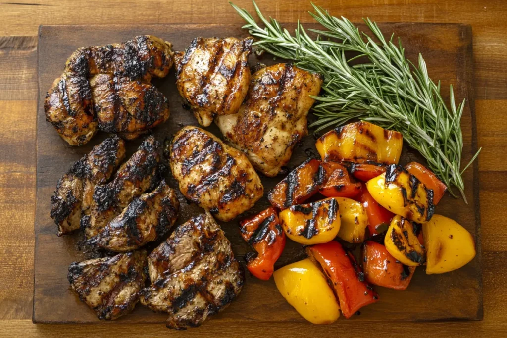 An overhead view of a colorful mixed grill platter, filled with a variety of grilled meats and vegetables, along with small bowls of dipping sauces.