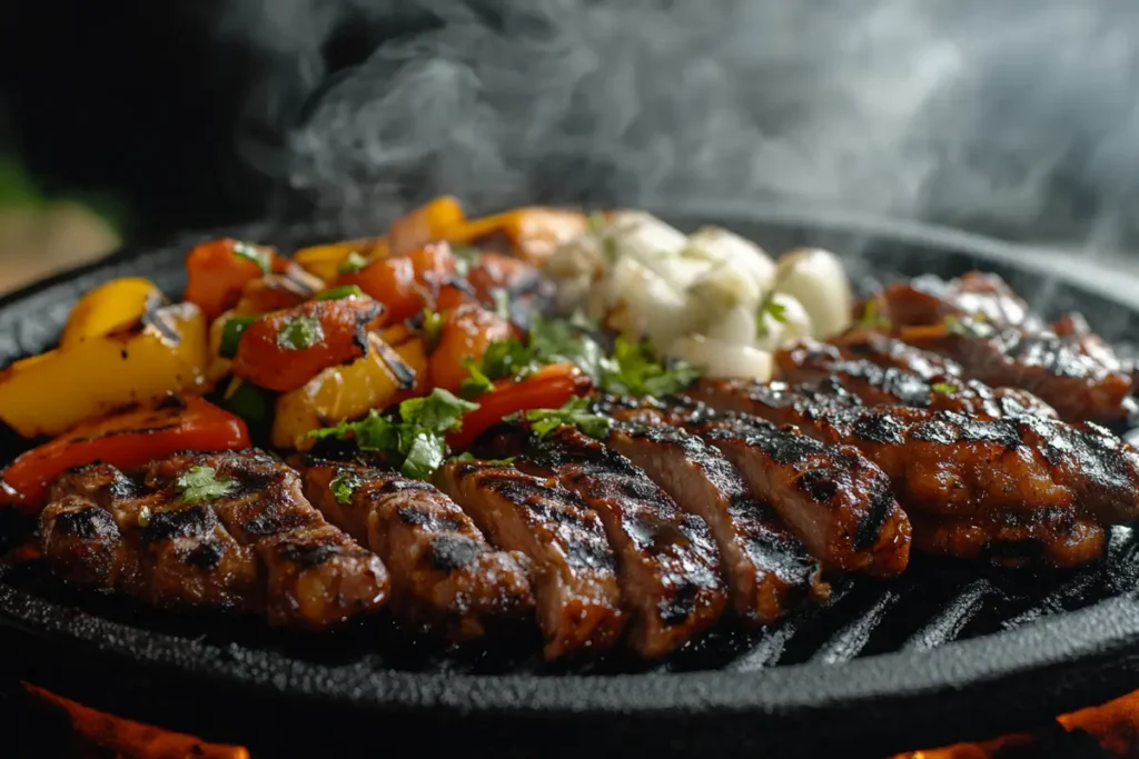 A top-down view of a delicious mixed grill featuring grilled chicken, steak, and colorful bell peppers, arranged on a rustic wooden table with fresh rosemary sprigs.