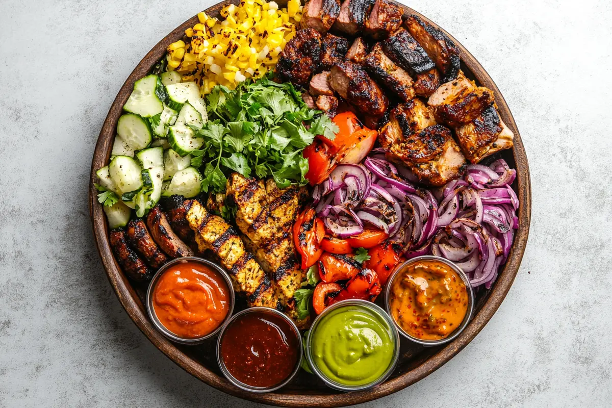 A delicious mixed grill featuring chicken, steak, and bell peppers, ready to serve.