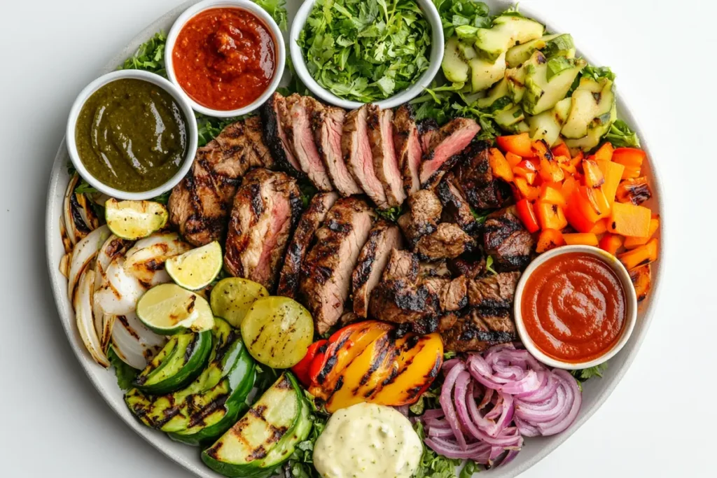 A close-up of a sizzling mixed grill on a cast iron grate, with visible grill marks on the meat and vegetables, along with rising smoke.