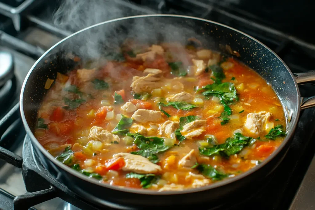 Chicken Murphy simmering in a pan on a stove, showing steam rising and the vibrant colors of the ingredients.