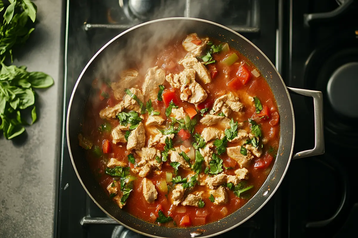 Delicious plate of Chicken Murphy with colorful peppers and potatoes.