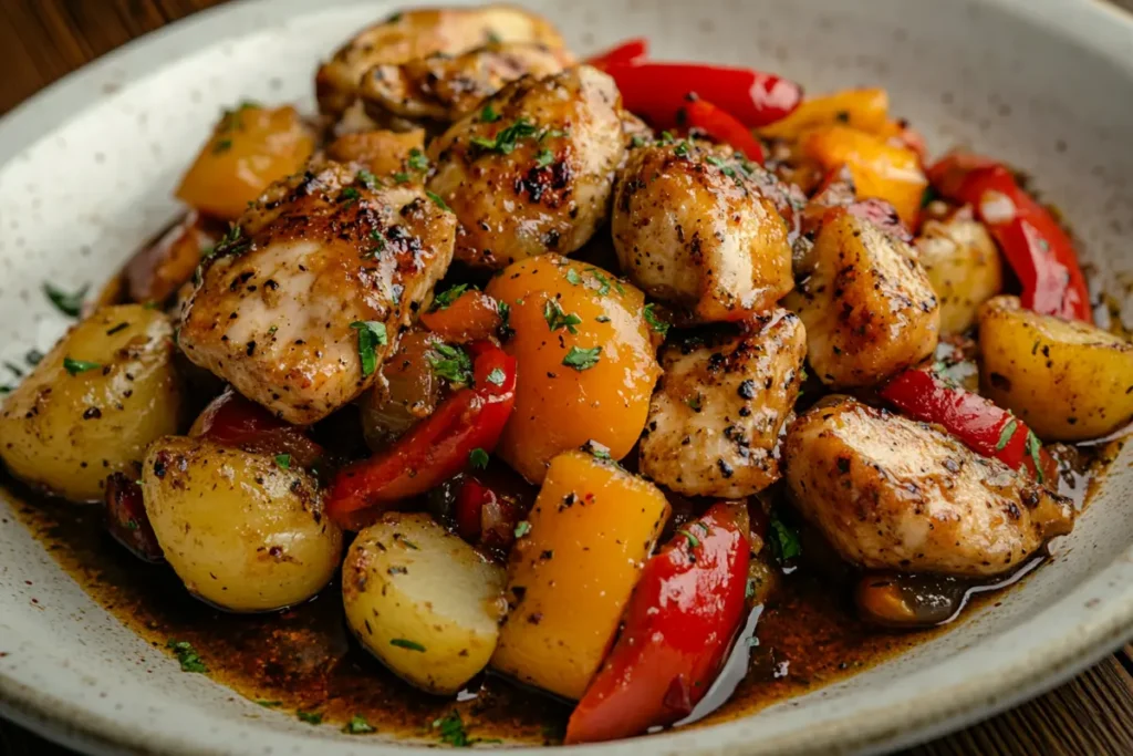 A close-up view of a flavorful plate of Chicken Murphy, highlighting the colorful bell peppers, tender chicken, and potatoes, coated in a rich sauce.