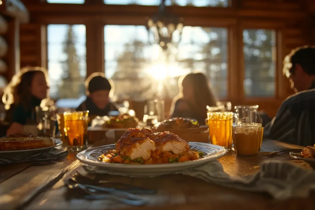 A family shares a meal of Chicken Murphy at a dinner table, creating a warm and inviting scene with natural sunlight.