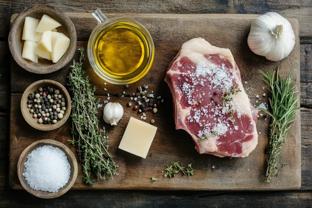 A raw ribeye roast seasoned with aromatic herbs and spices