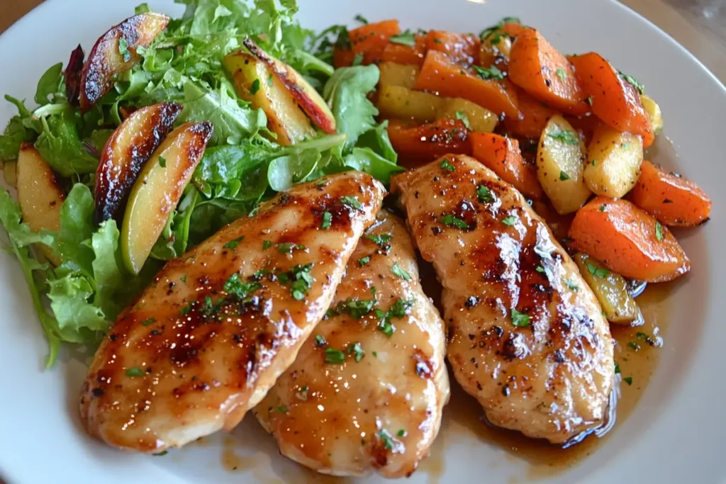 a balanced meal with apple and honey glazed chicken tender with healthy sides"