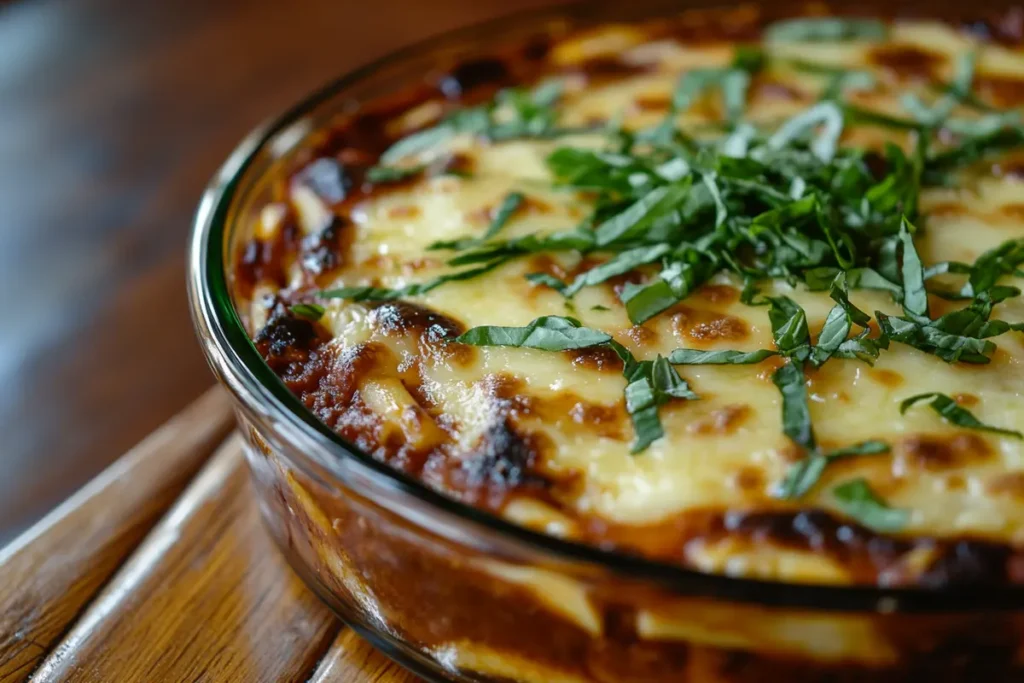 Overhead close-up of a baked ziti recipe without meat with melted cheese and fresh basil.