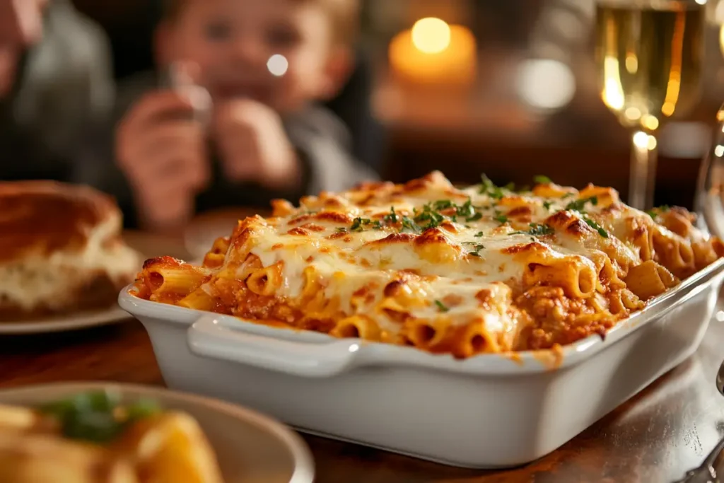  A joyful family enjoying a dinner of meatless baked ziti together at home.