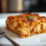 A single portion of a tasty baked ziti recipe no meat on a white plate.