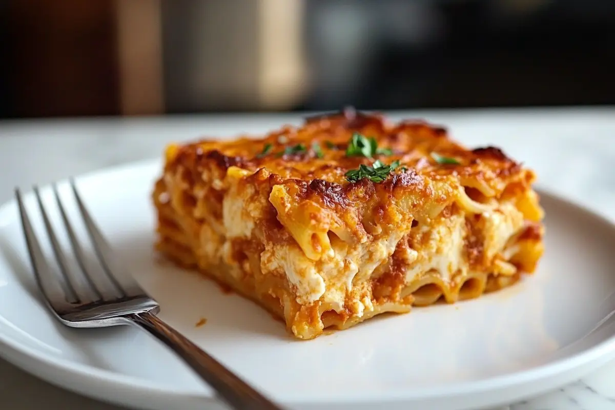 A single portion of a tasty baked ziti recipe no meat on a white plate.