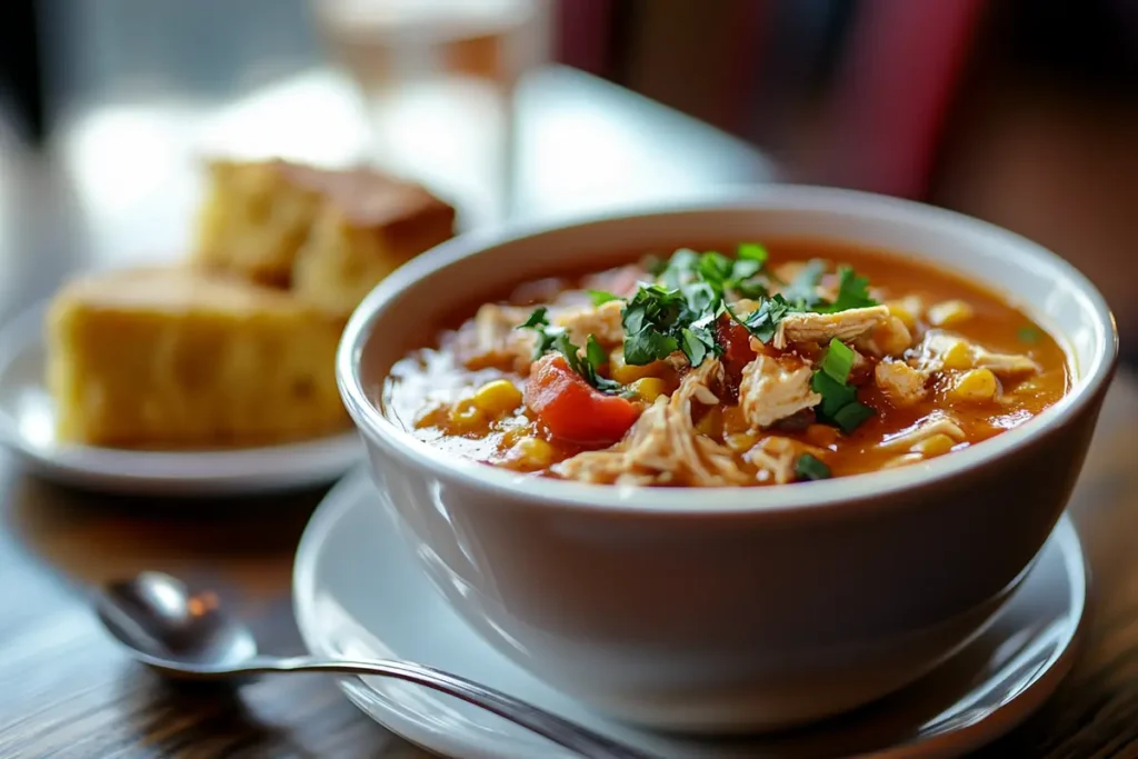 Overhead view of chicken enchilada soup, garnished on wood.