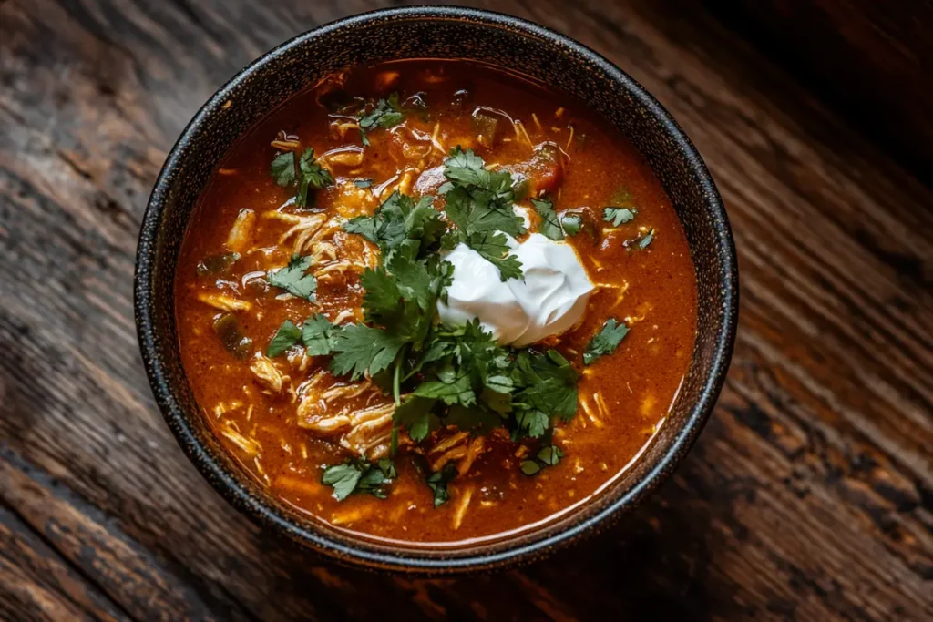 Vibrant bowl of homemade chili's chicken enchilada soup with clear focus.