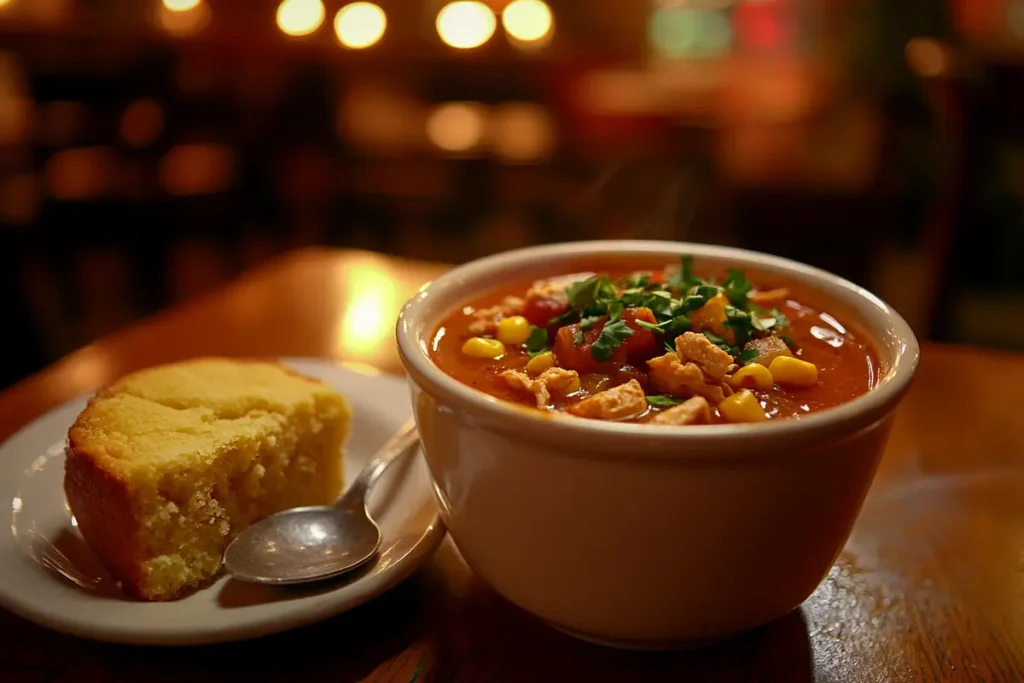 Cozy scene with chicken enchilada soup, cornbread, and spoon, soft focus.