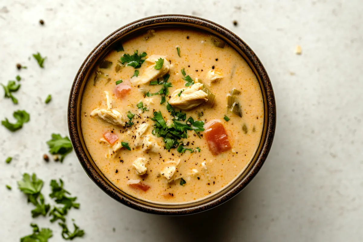 A steaming bowl of chili's chicken enchilada soup, garnished with fresh cilantro.