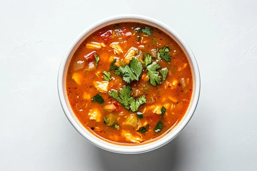 Appetizing chicken enchilada soup against a light background.