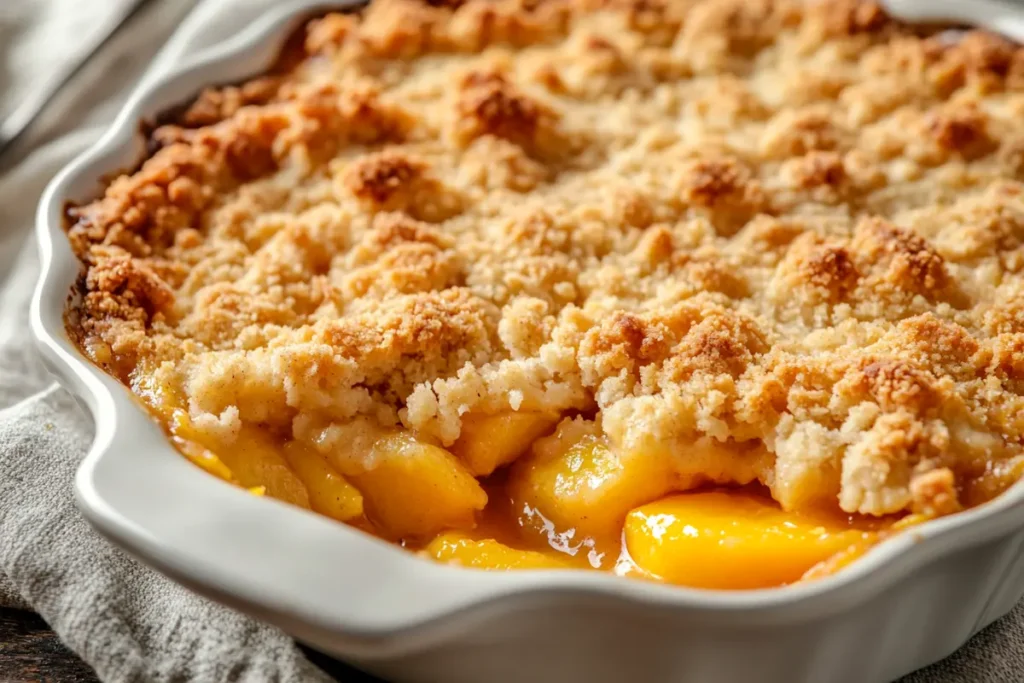 A close-up, top-down view of a freshly baked peach crumble in a ceramic dish.