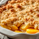 A close-up, top-down view of a freshly baked peach crumble in a ceramic dish.