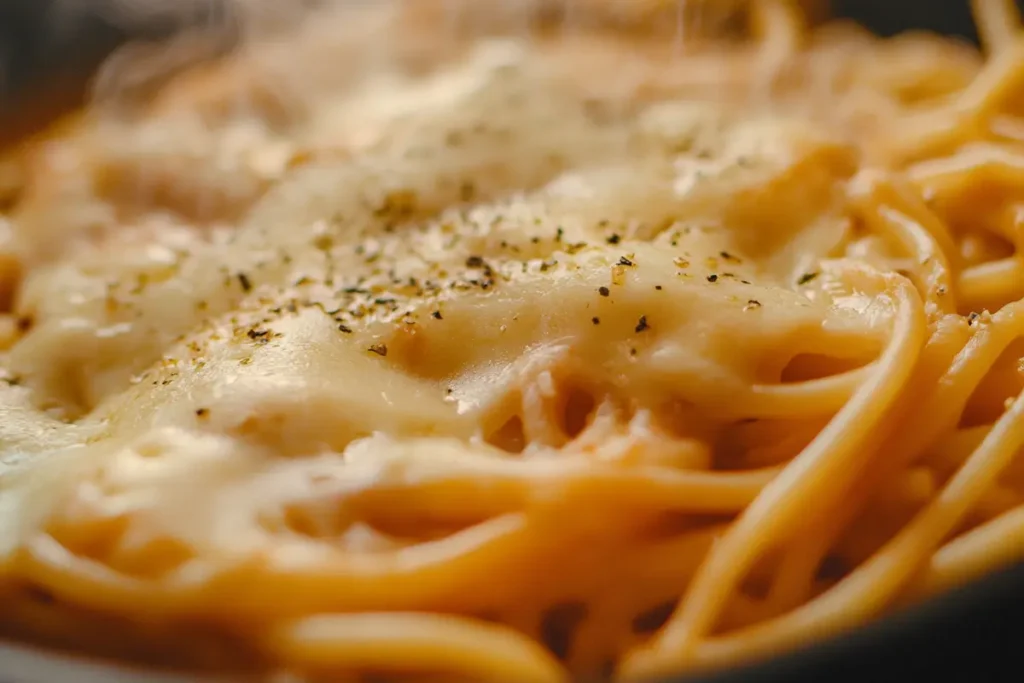 Close-up of garlic parmesan chicken pasta with visible cheese and chicken pieces.