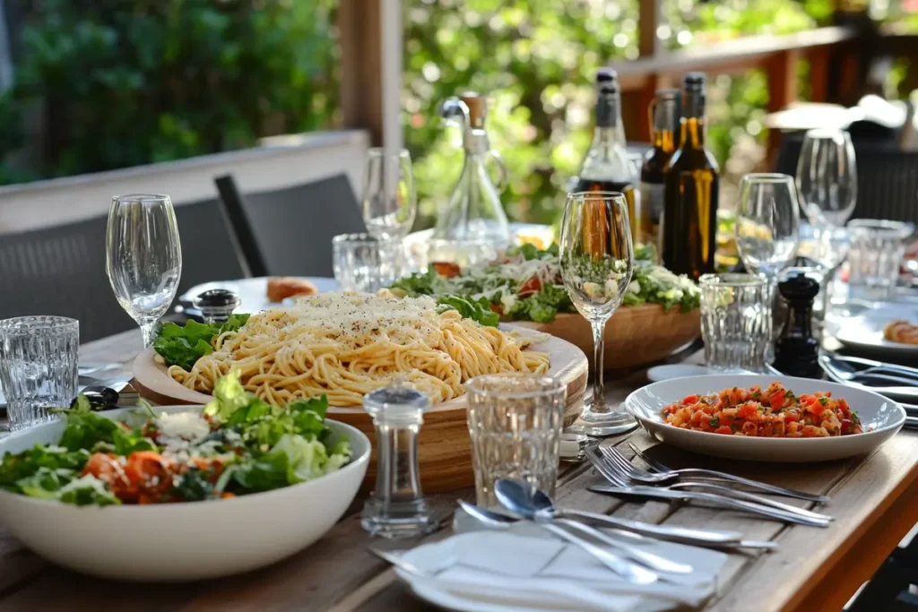 A plate of garlic parmesan chicken pasta, styled with a fork and a side salad. 