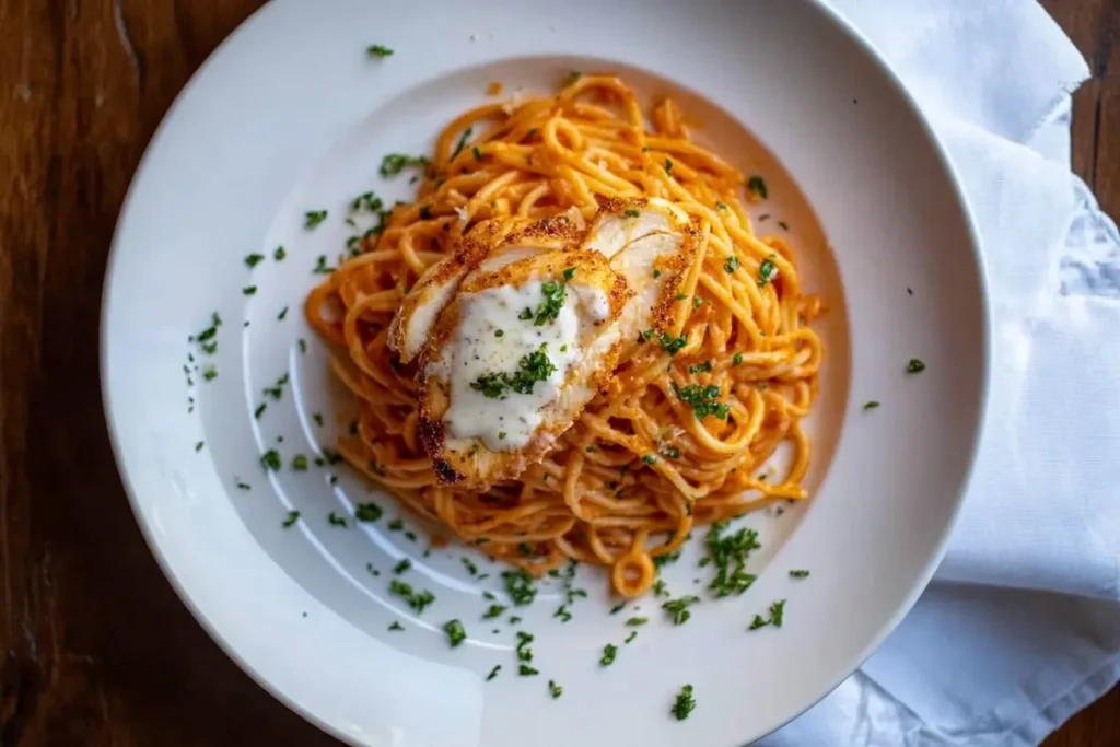 Top-down view of a plate of garlic parmesan chicken pasta, ready for tasting.