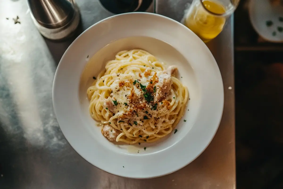 Creamy garlic parmesan chicken pasta in a white bowl, garnished with fresh parsley.