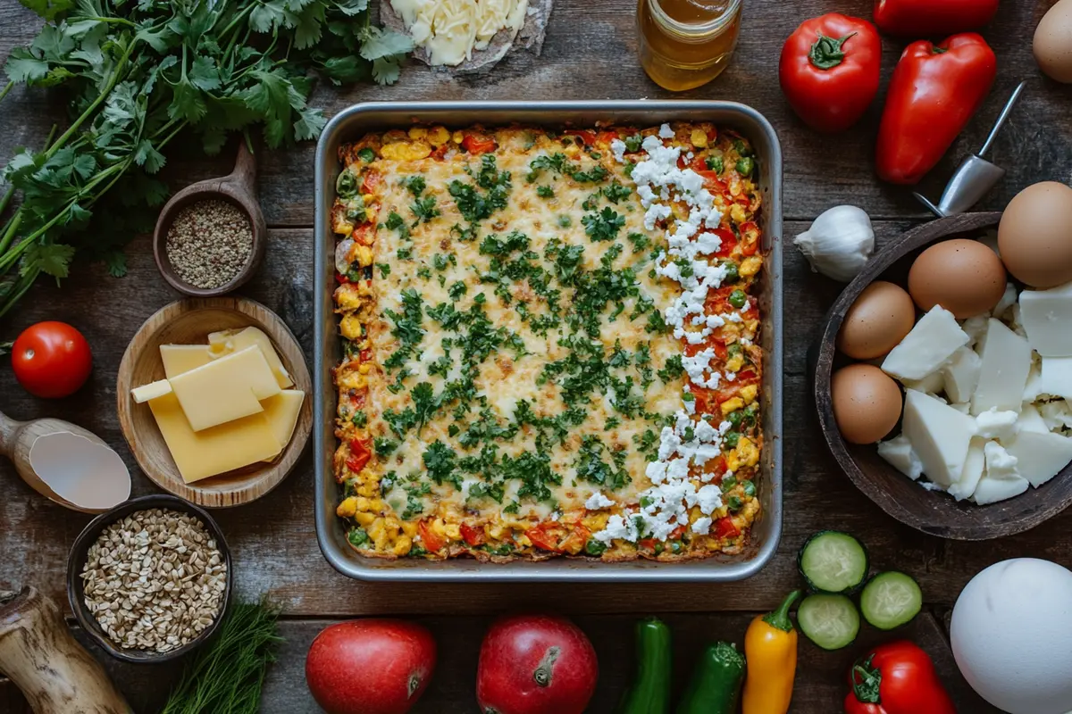 Fresh high protein breakfast casserole in a baking dish.