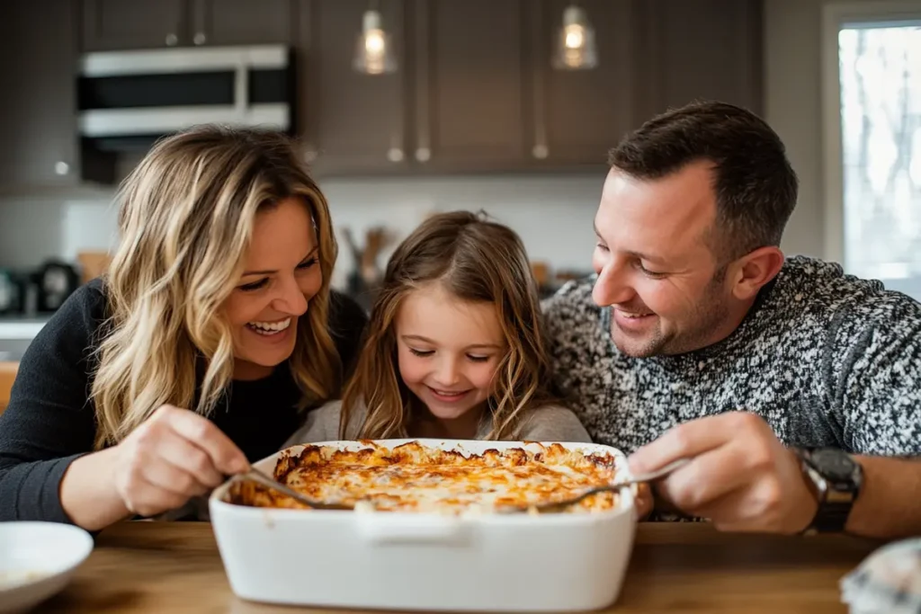 A happy family enjoying a high protein breakfast casserole.