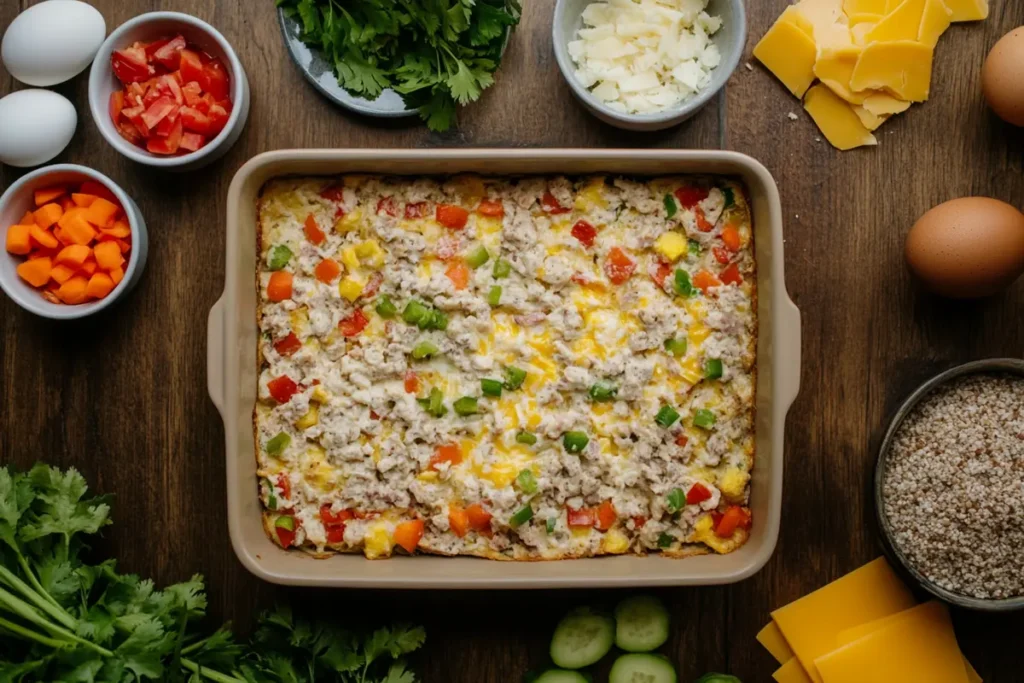 An overhead shot of a high protein breakfast casserole with fresh ingredients.