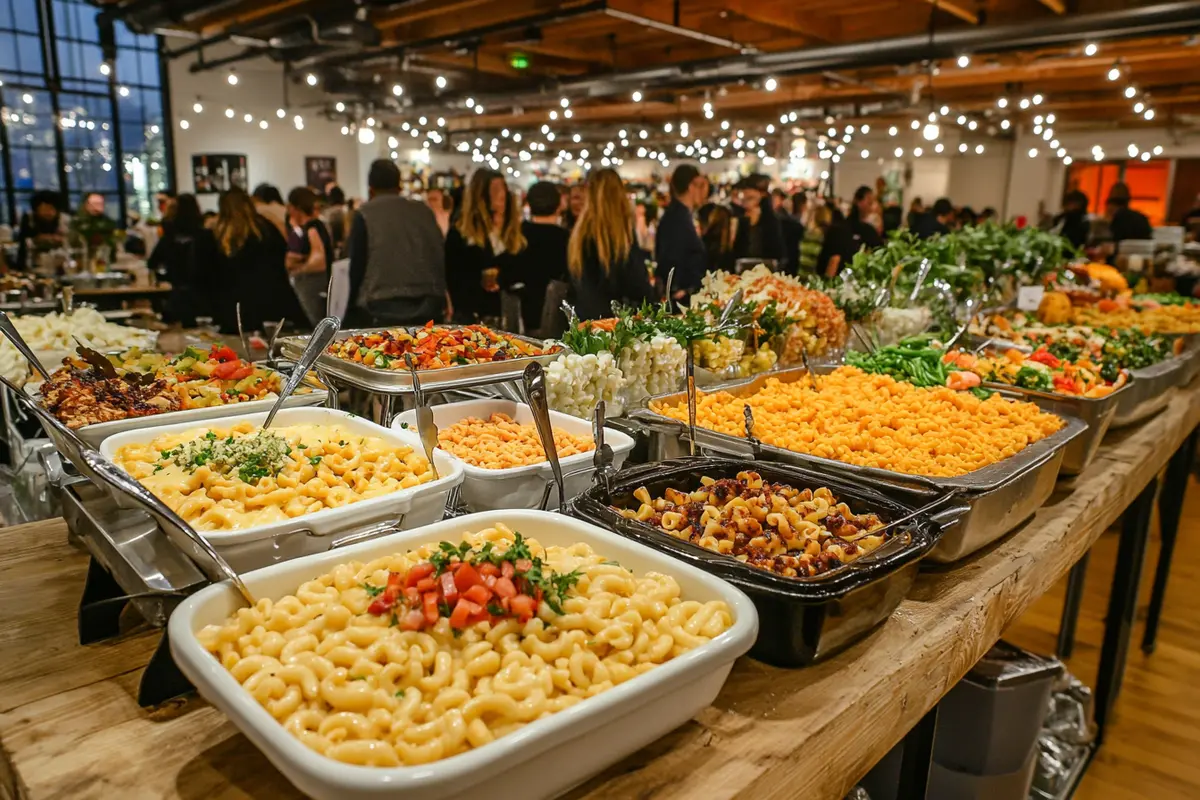 A wide shot of a mac n cheese bar setup at a party.